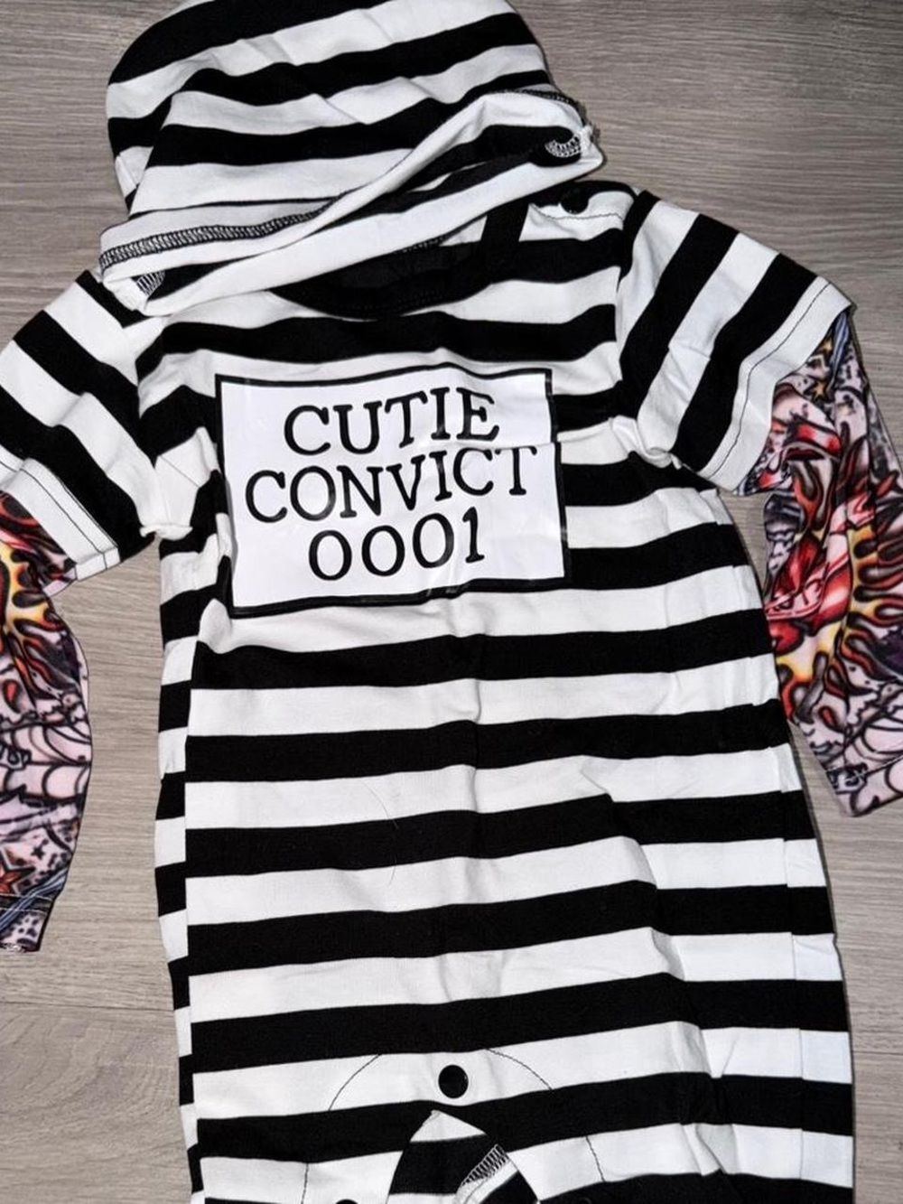 0-3 months Black & White Striped Hooded Baby Onesie - "Cutie Convict 0001"